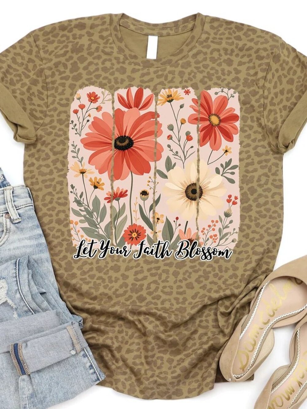 NWOT Love In Faith Women's XL Brown Leopard Tee "Let Your Faith Blossom"